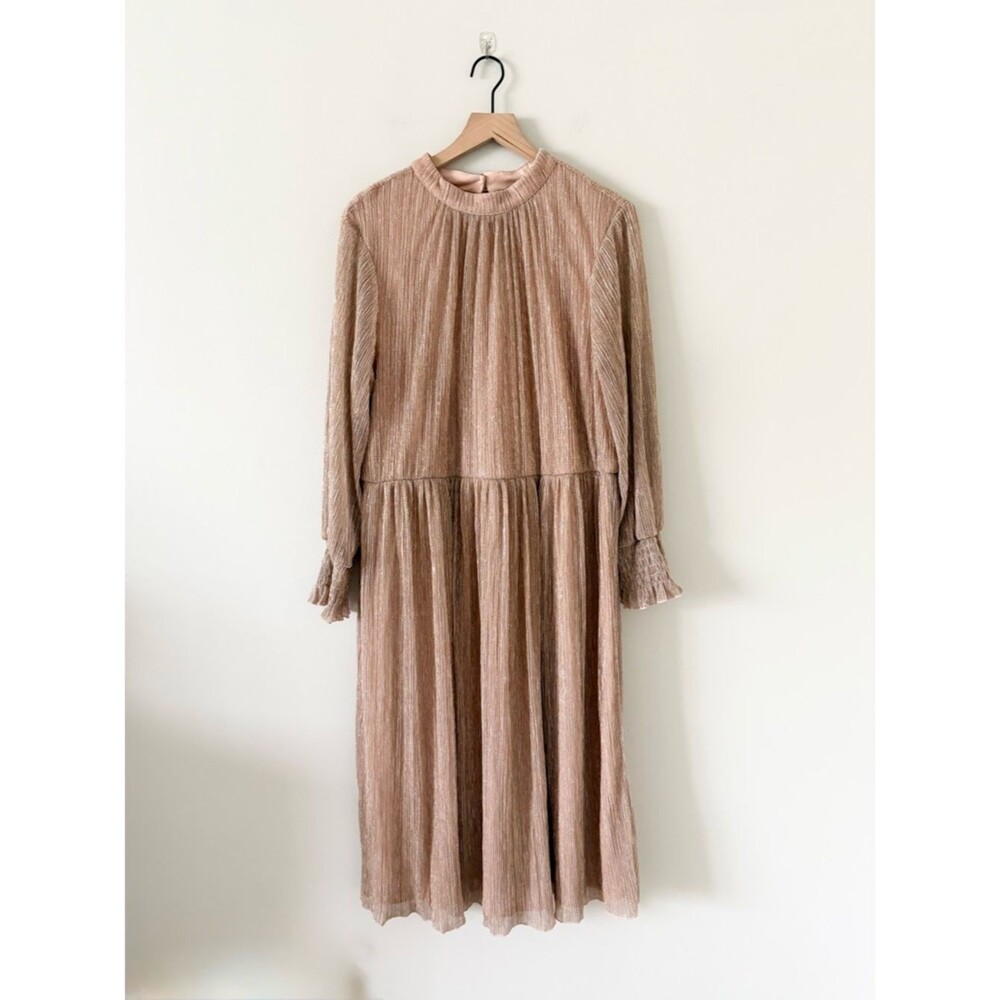 NWT Eloquii Metallic Pleated Midi Dress Size 20 Dusty Rose Pink Long Sleeve